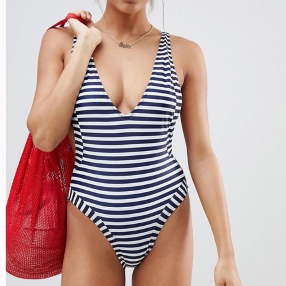 Missguided Navy and White Striped one piece Swimsuit size 4